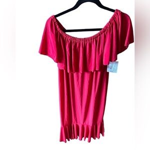 Lularoe XL deep red silky one shoulder/off the shoulder Cici‎ dress. NWT.
